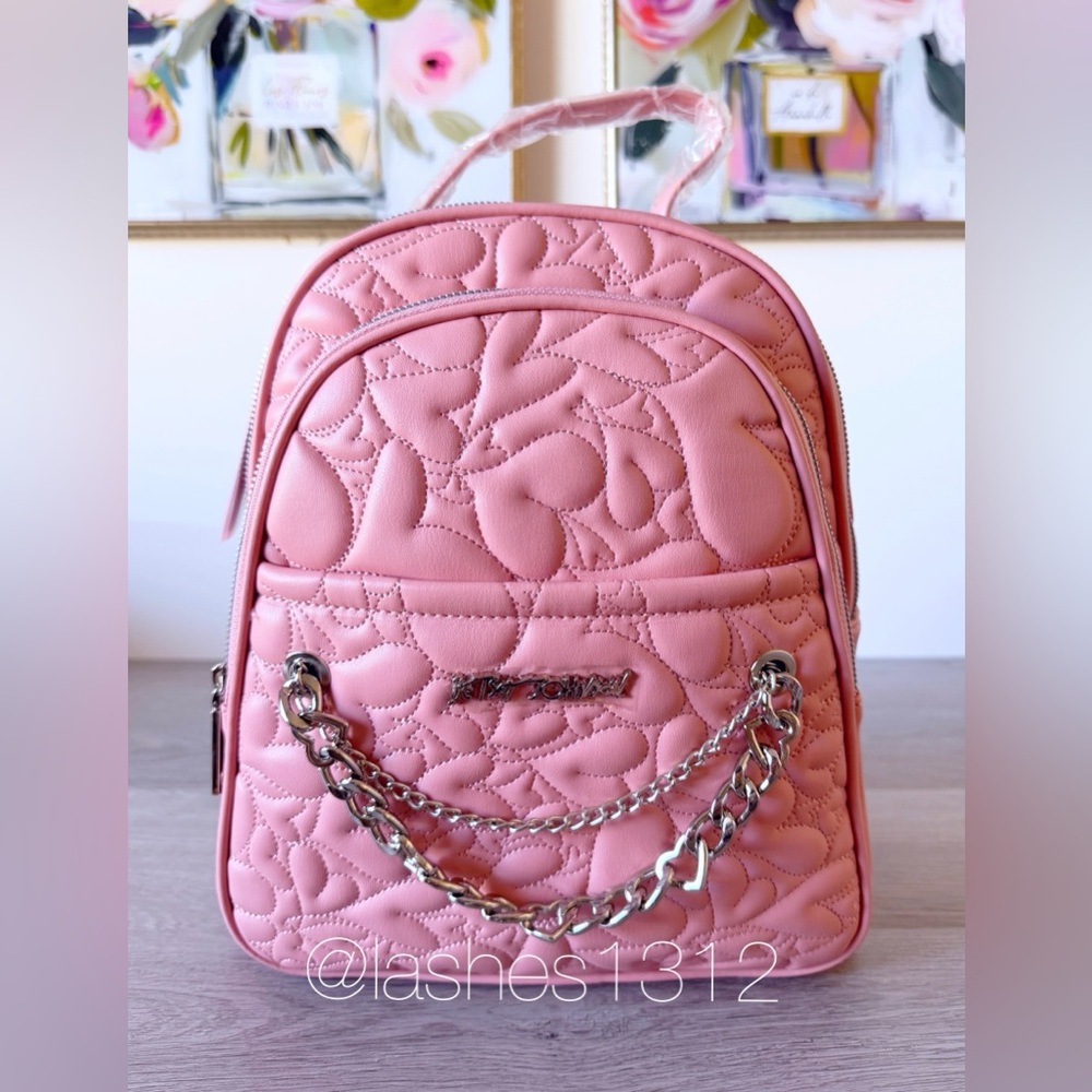 BETSEY JOHNSON Medium Backpack - Pink with Quilted  Hearts XOJUNE